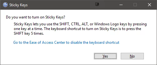 Do you want to turn on Sticky Keys? No!